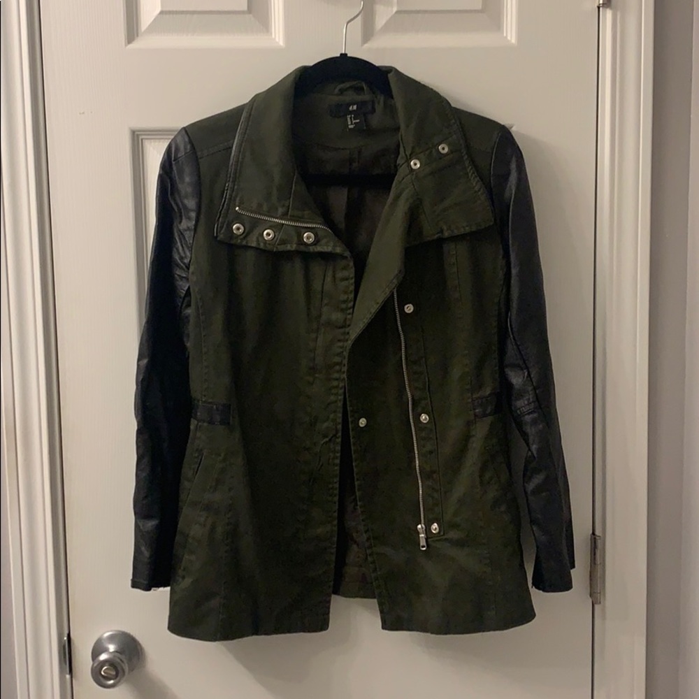 Army green jacket with leather sleeves